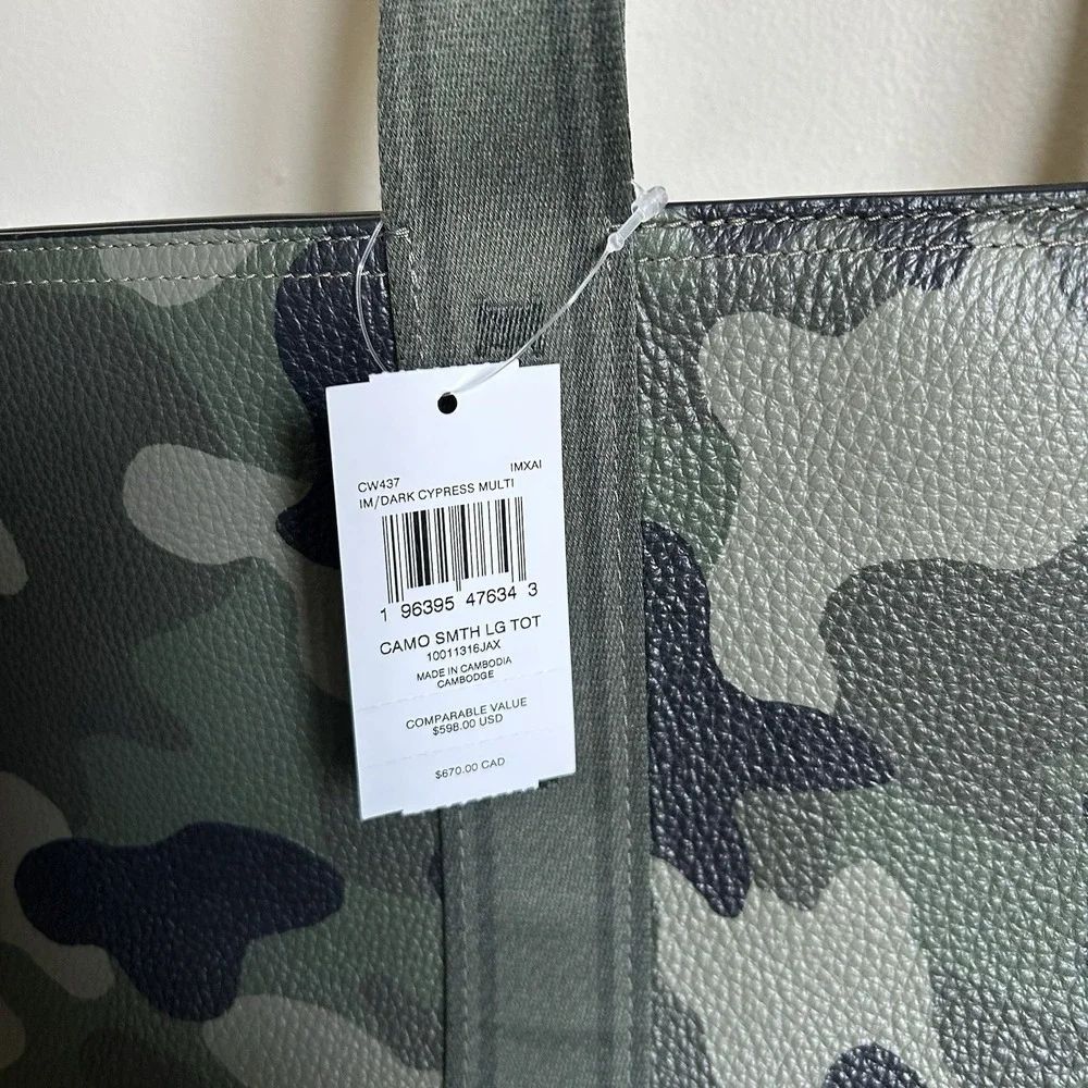 Coach Smith Tote Dark Cypress Camo Pebbled Leather Large‎ Bag NWT